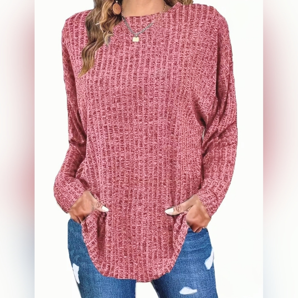 Women's Red Heathered Ribbed Crew Neck Lightweight Knit Long Sleeve Top Size 1X